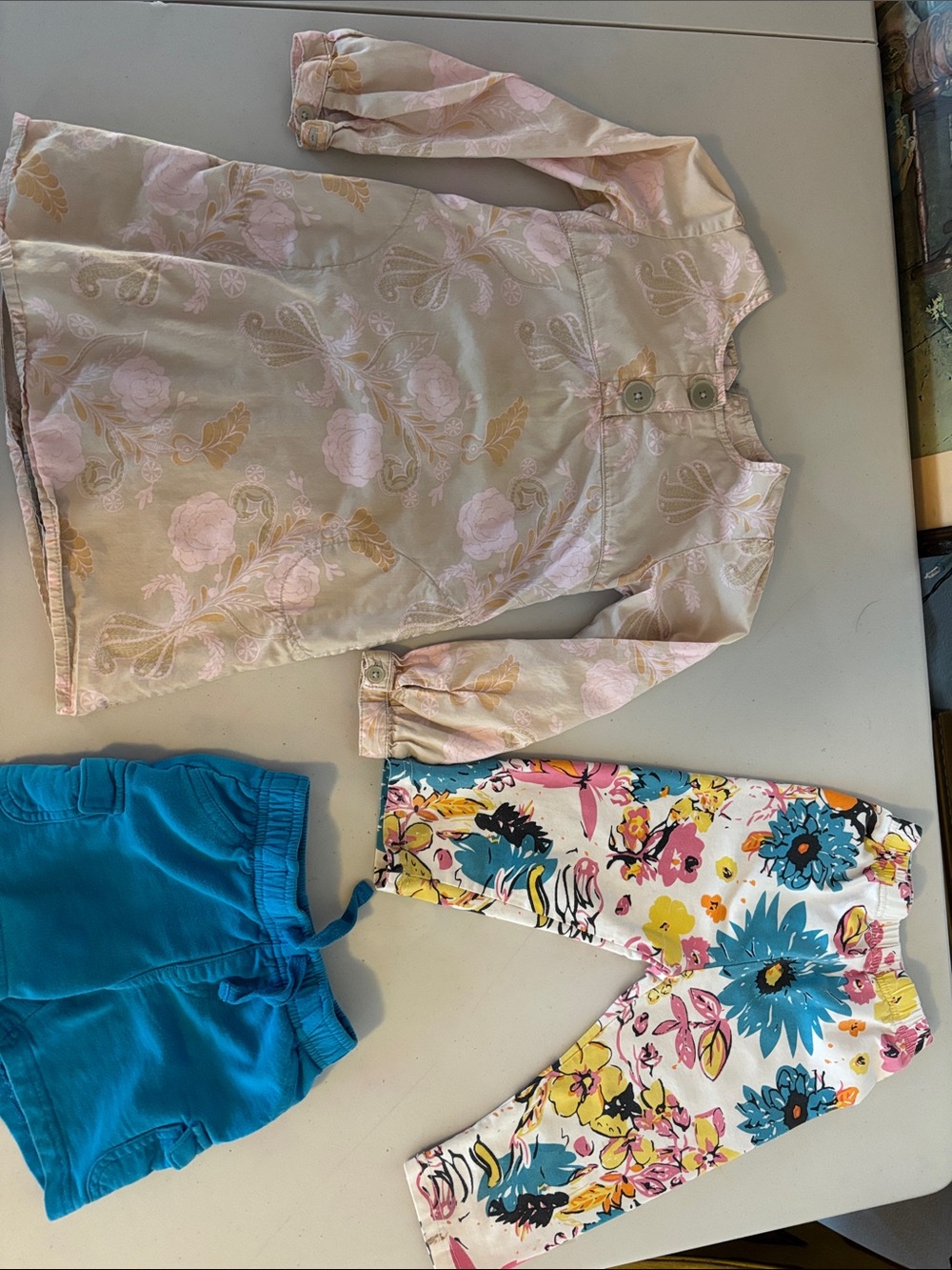 jumping beans Cream Jacquard Top with Teal Shorts and Floral Leggings
